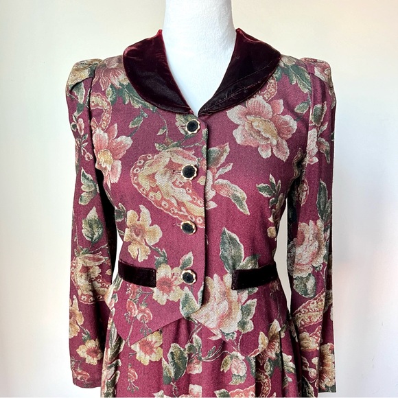 Vintage MOLLY MALLOY Petite Floral Velvet Collar Long Sleeve Dress—SZ. 4P - Picture 5 of 17